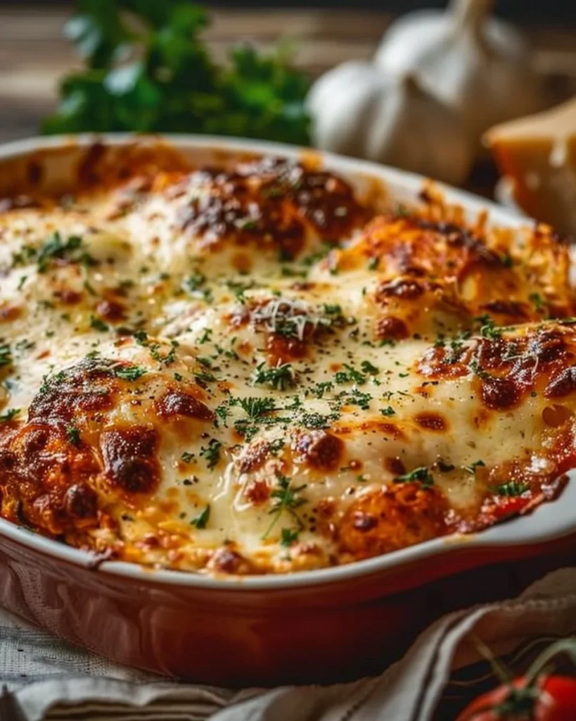 Delicious Chicken Parmesan Casserole baked with cheese and marinara sauce