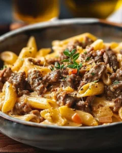 Delicious creamy beef pasta dish garnished with herbs in a bowl