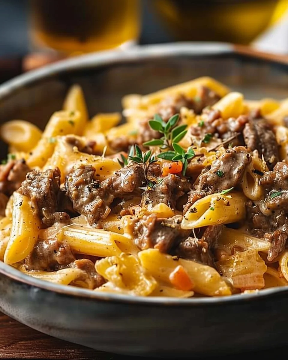 Delicious creamy beef pasta dish garnished with herbs in a bowl