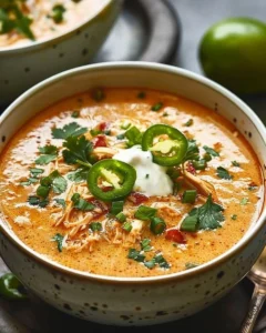 Delicious bowl of creamy chicken enchilada soup garnished with cilantro and cheese