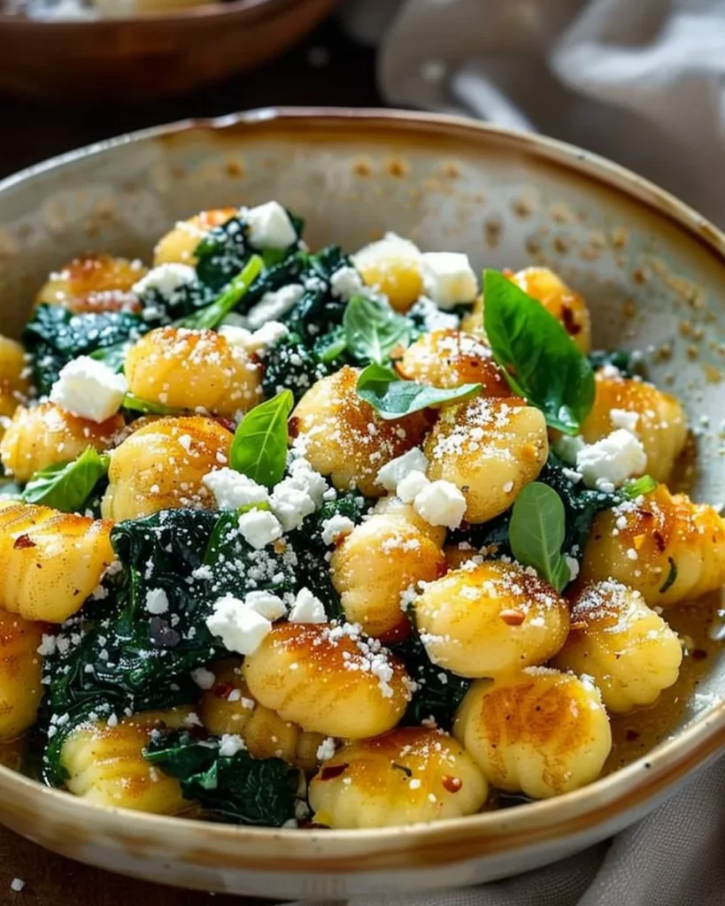 Creamy gnocchi with spinach and feta served in a bowl