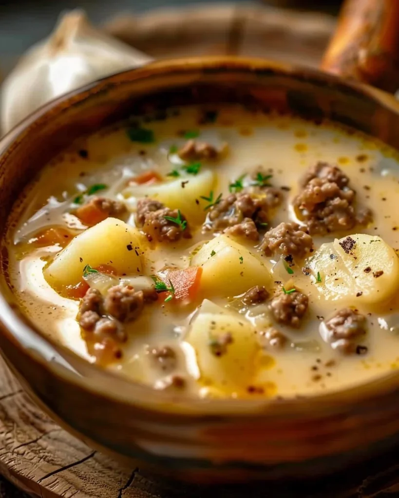 Bowl of crockpot creamy potato hamburger soup with potatoes and beef.
