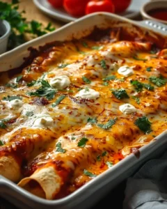 Plate of delicious chicken enchiladas topped with cheese and cilantro