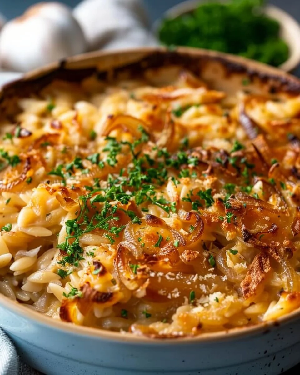 French Onion Chicken Orzo Casserole