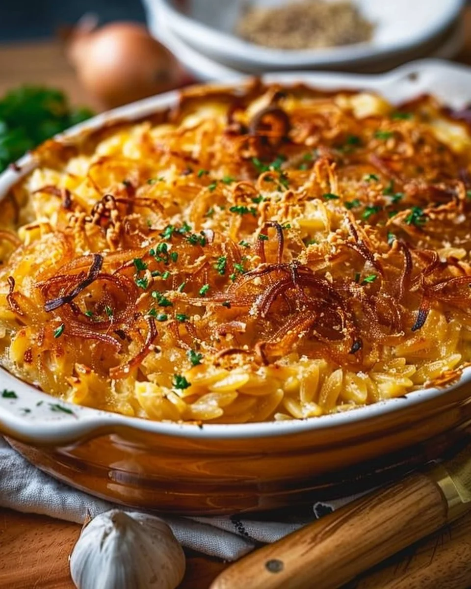 French Onion Chicken Orzo Casserole