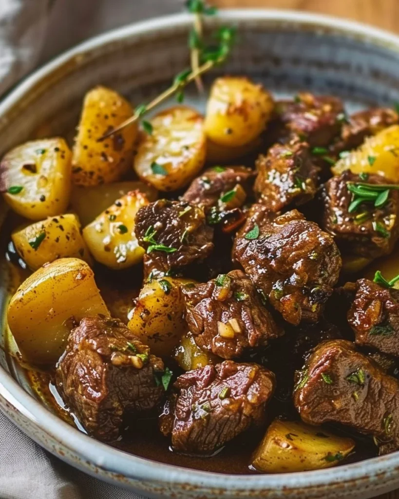 Delicious Garlic Butter Beef Bites served with golden potatoes