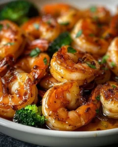 Plate of high-protein honey garlic shrimp served with vegetables.
