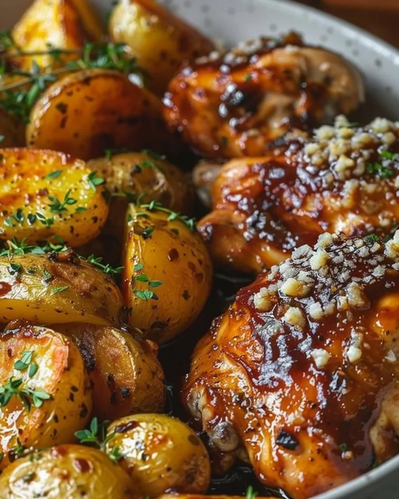 Honey BBQ Chicken served with garlic parmesan potatoes on a plate