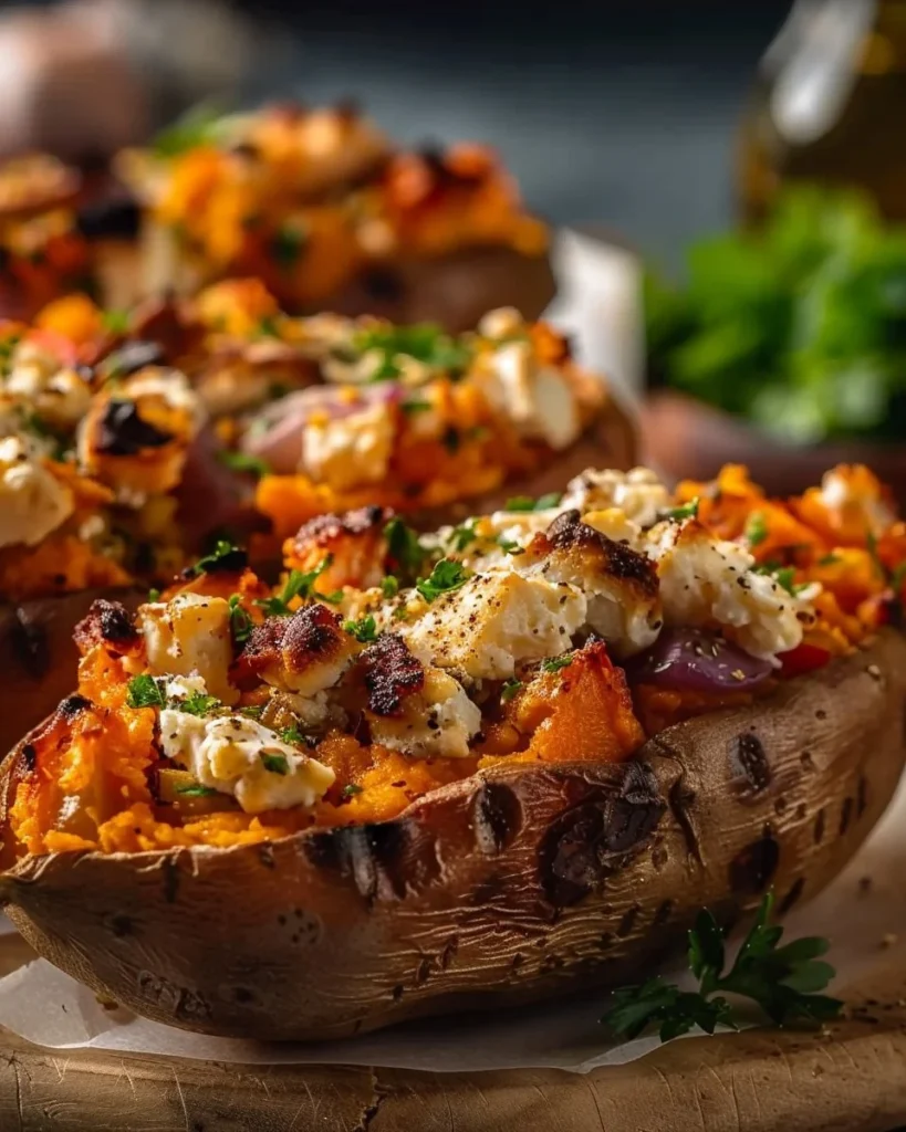Mediterranean stuffed sweet potatoes filled with vegetables and herbs
