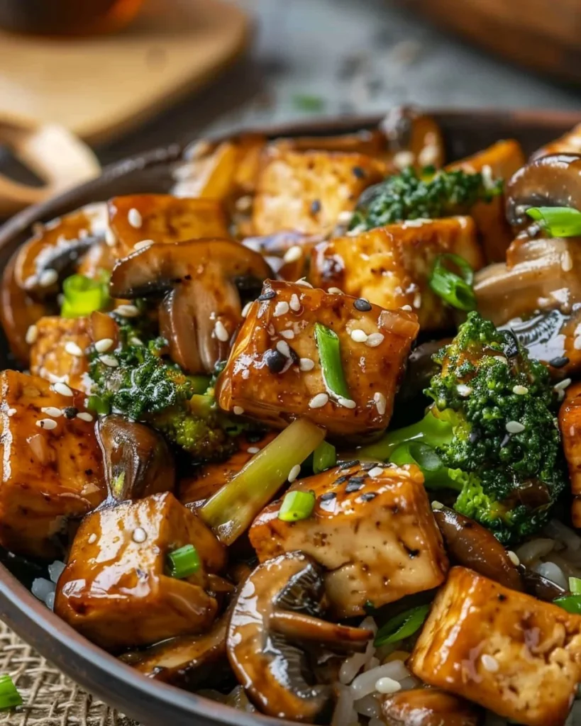Delicious Mushroom Tofu Stir-Fry served with colorful vegetables