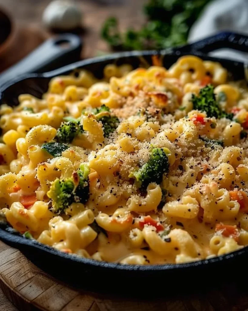 Delicious One Pot Veggie Mac and Cheese topped with fresh vegetables.
