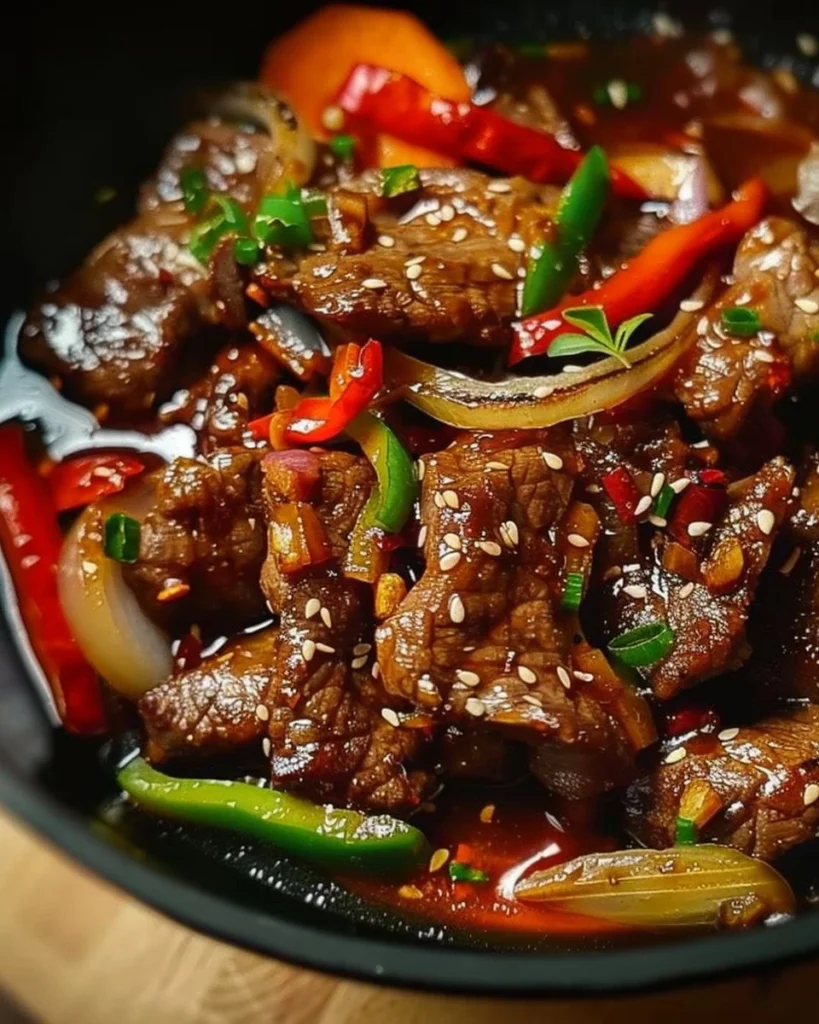 Delicious sizzling Chinese pepper steak with onions served on a plate.