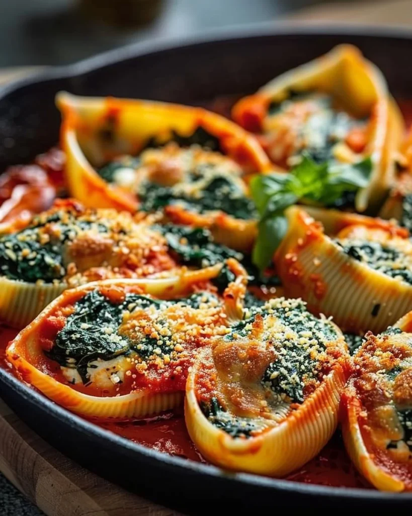 Delicious spinach and ricotta stuffed shells topped with marinara sauce
