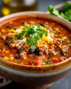 A hearty bowl of taco soup topped with cheese and sour cream.