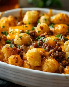 Tater Tot Casserole with Ground Beef topped with crispy tater tots