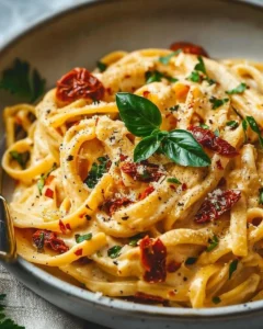 Vegan creamy sun-dried tomato pasta with fresh basil in a bowl