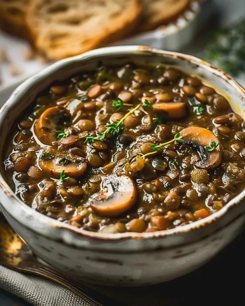 Bowl of Vegan Lentil Mushroom Stew with fresh herbs and vegetables