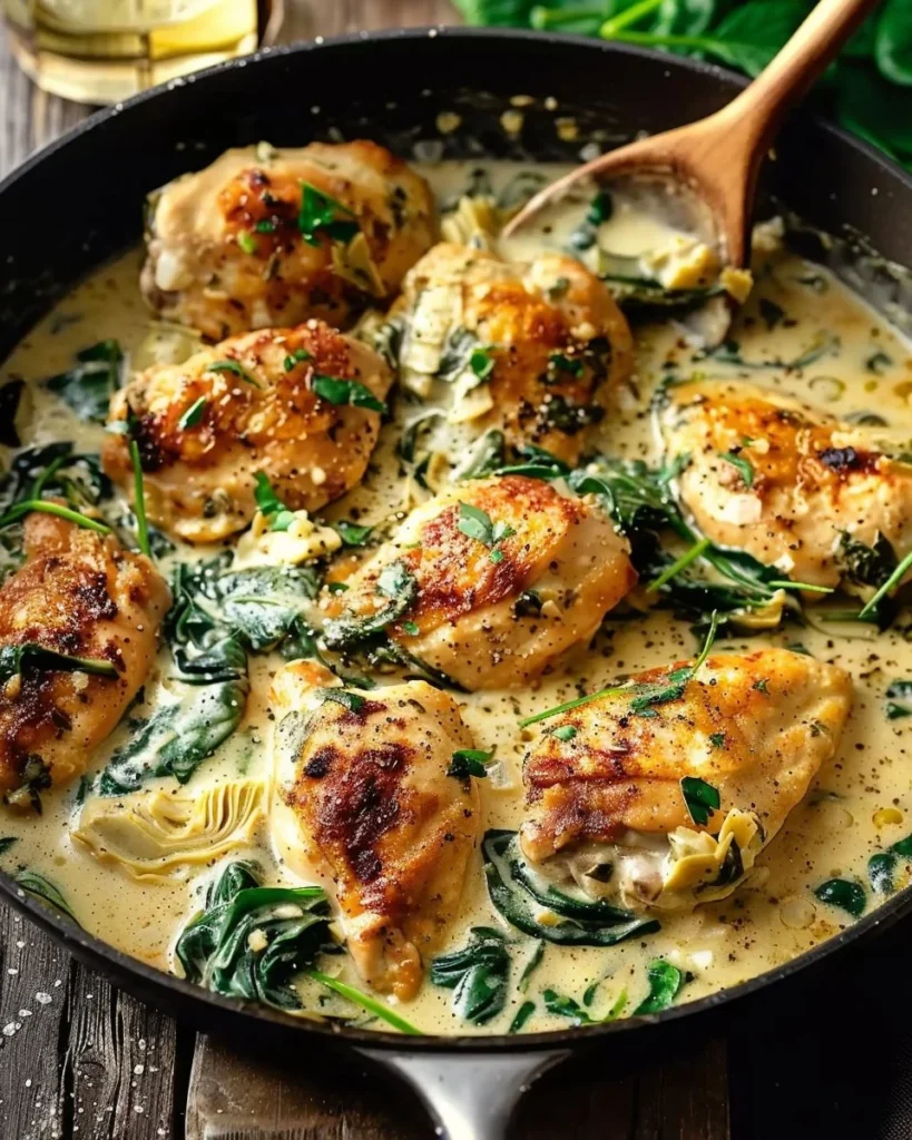 Delicious spinach artichoke chicken served on a plate with garnish.