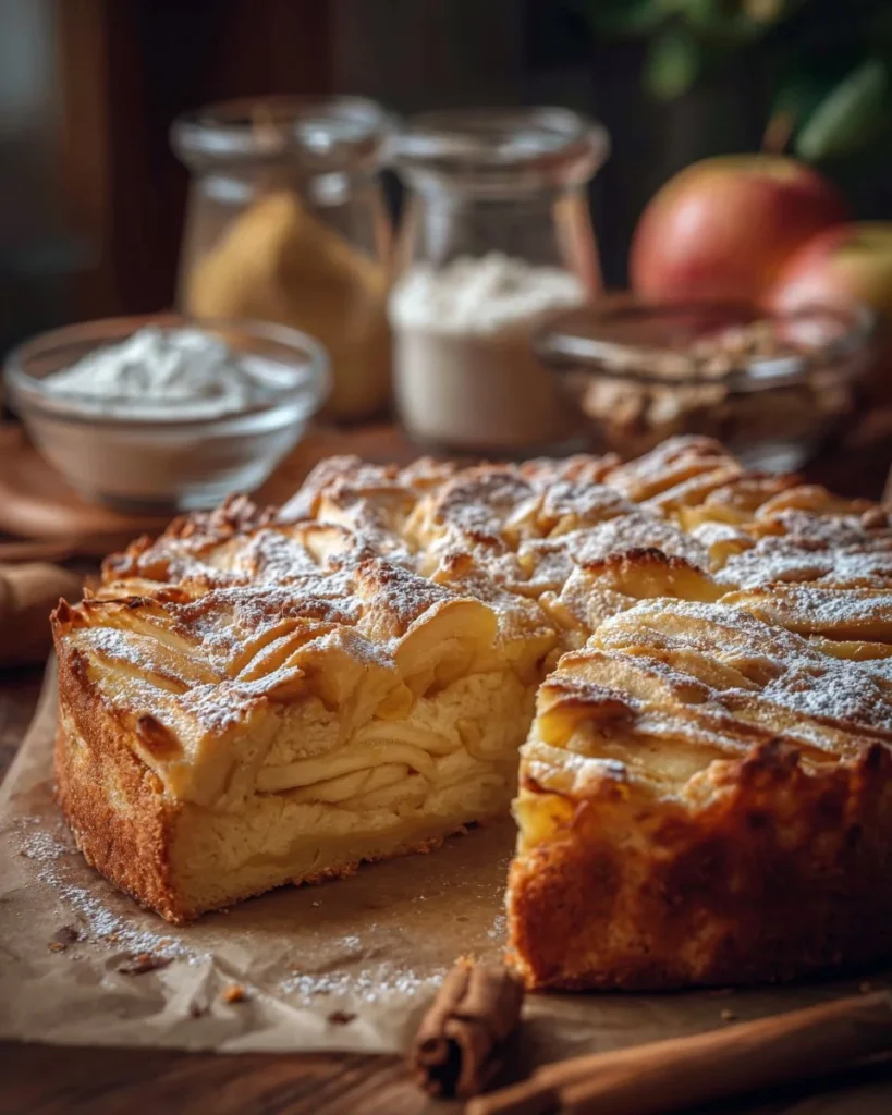 Delicious slice of invisible apple cake with hidden apples inside