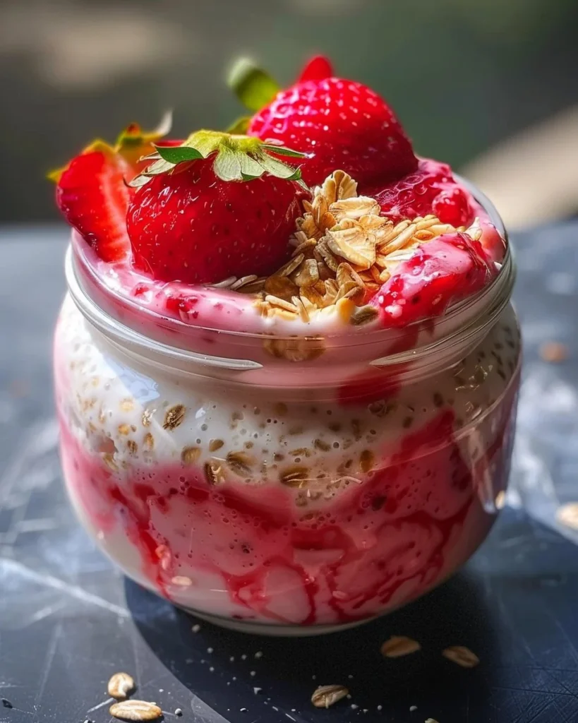 Blended strawberry milk kefir overnight oats served in a bowl