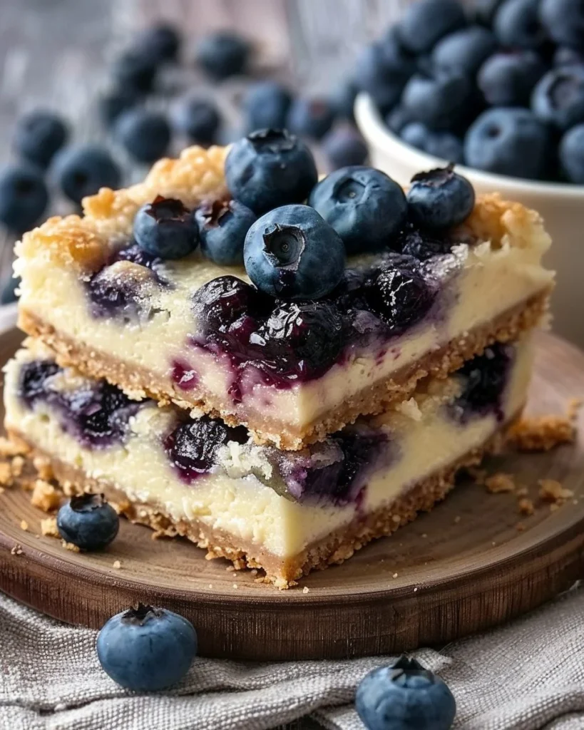 Delicious blueberry cheesecake bars topped with fresh blueberries.