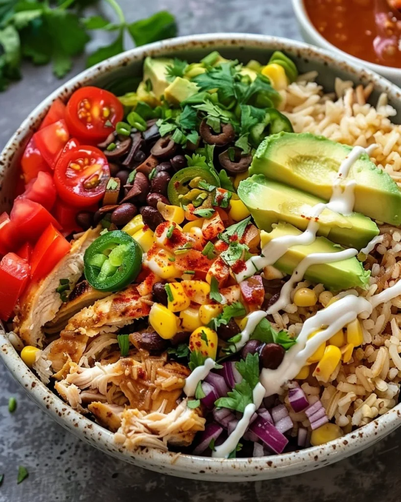 Chicken Taco Bowl with Brown Rice served in a colorful bowl