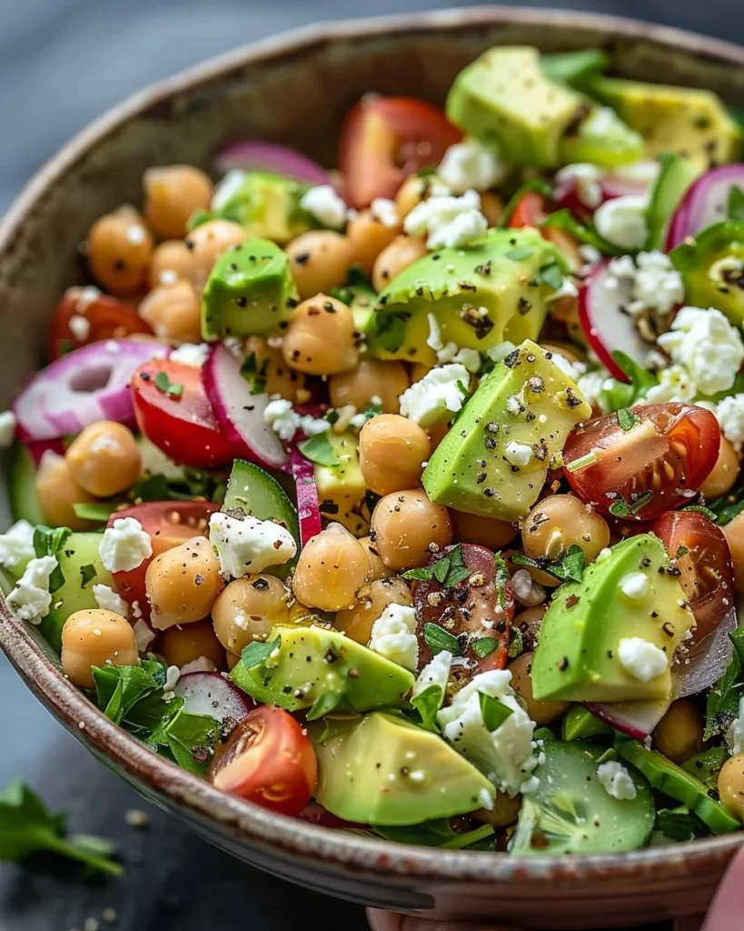Chickpea Feta Avocado Salad with fresh ingredients in a bowl