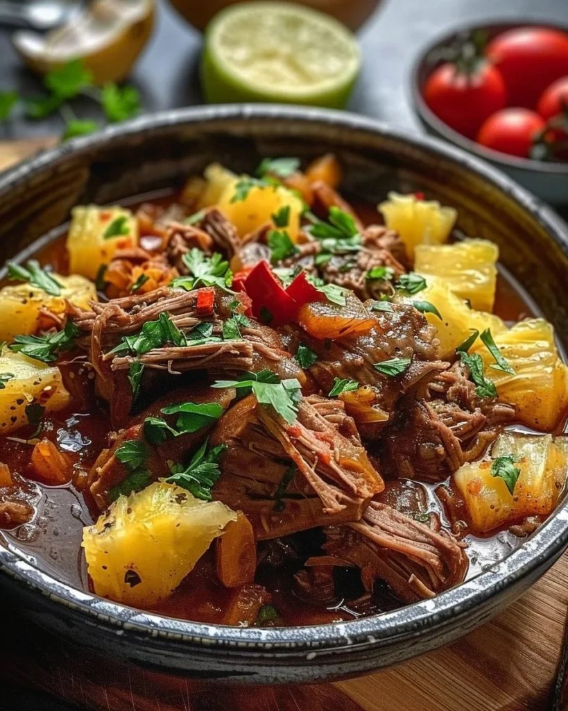 Delicious Chipotle Pineapple Pot Roast Bowl served with fresh garnishes