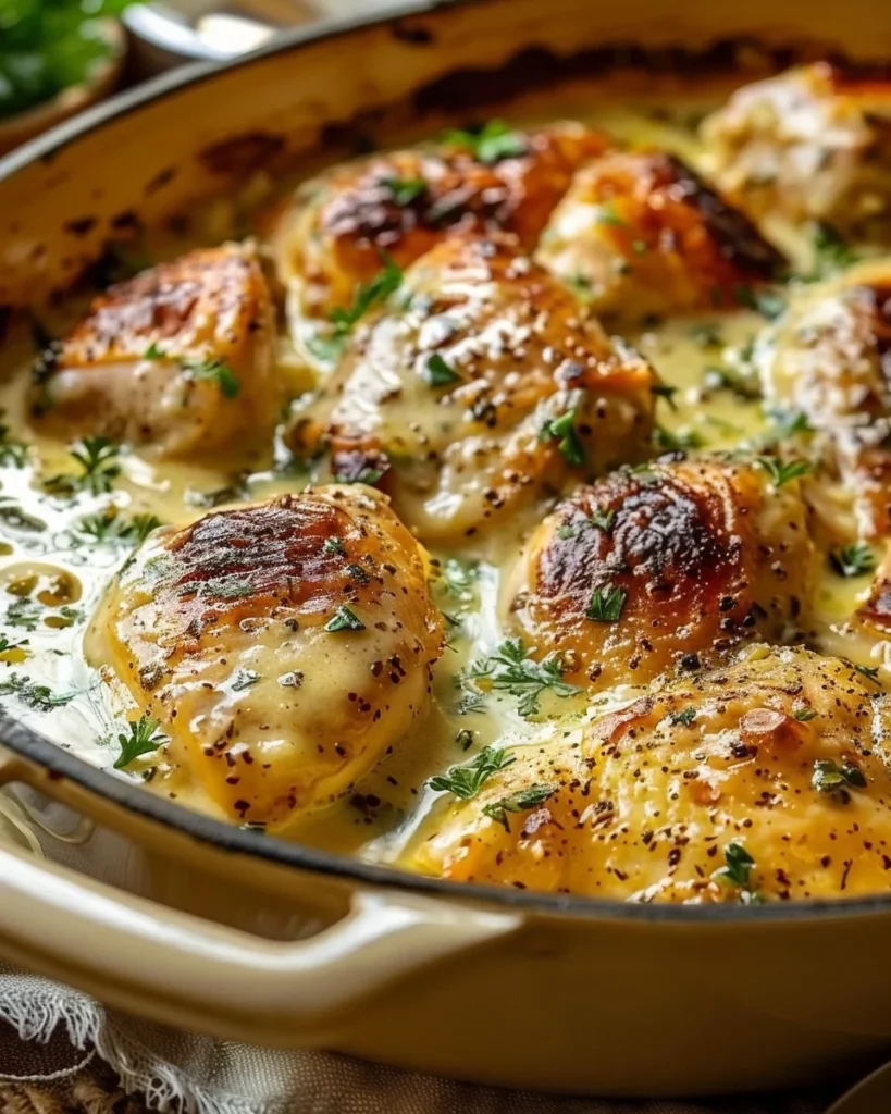 Delicious creamy garlic parmesan chicken served with herbs and garnishes