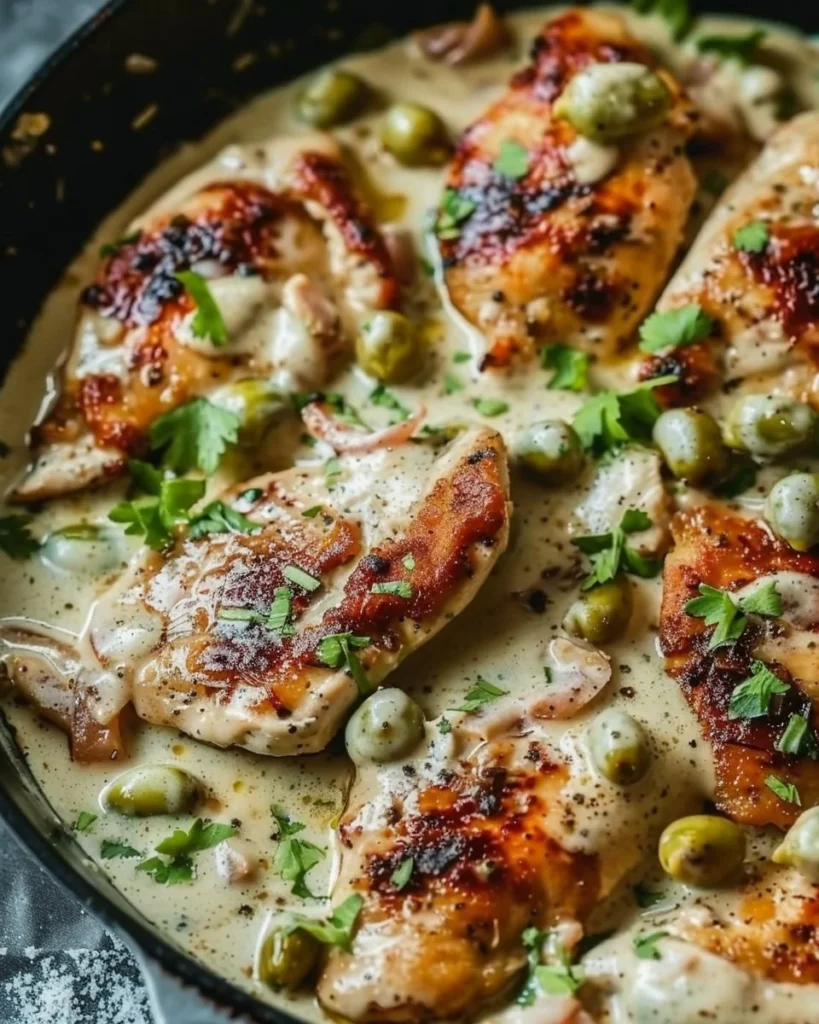 Creamy Pepperoncini Chicken Skillet served in a pan with fresh herbs.