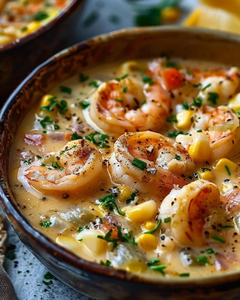 Bowl of creamy shrimp chowder with corn served as a comforting dish
