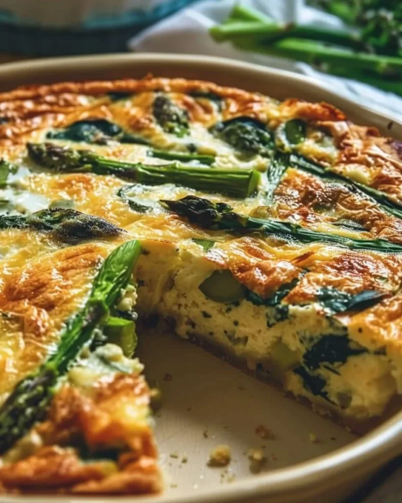 Crustless asparagus and spinach quiche served on a plate