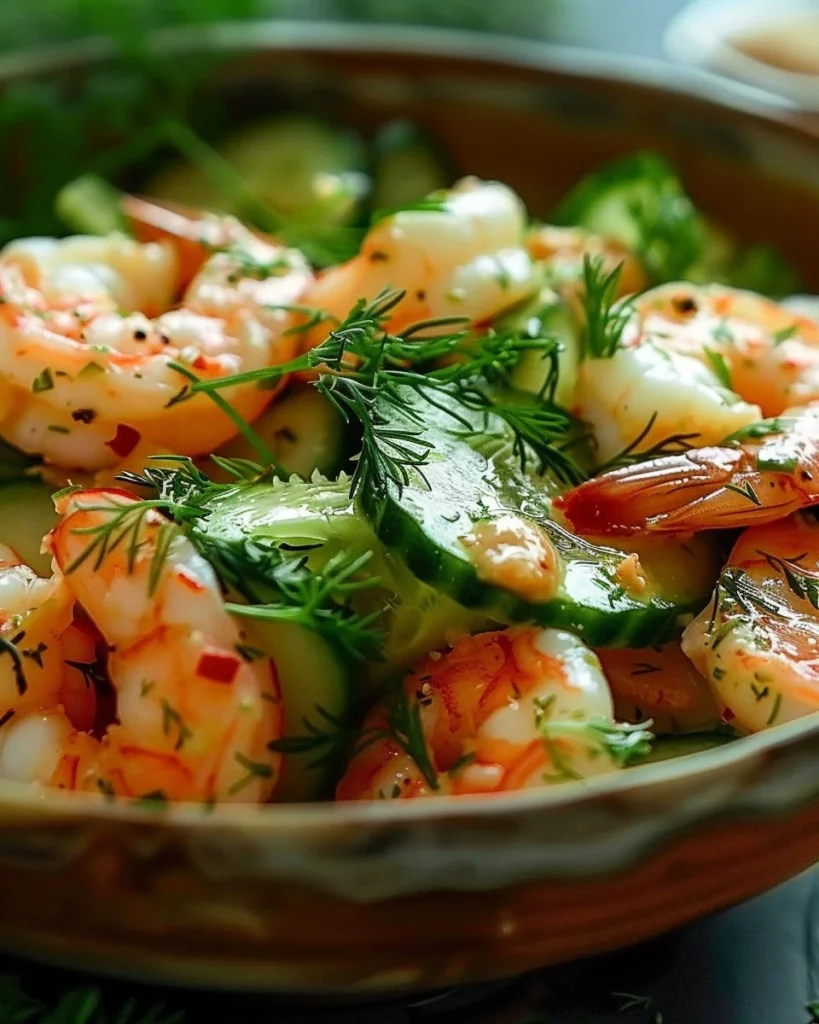 A vibrant Cucumber Shrimp Salad with fresh vegetables and shrimp.