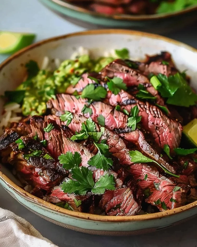 Delicious flank steak bowl topped with fresh vegetables and garnishes