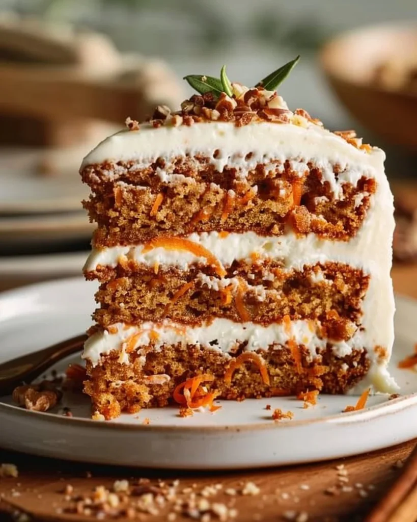 Fluffy carrot cake topped with cream cheese frosting and garnished with nuts.