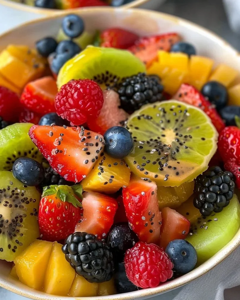 Fresh fruit salad with honey lime poppy seed dressing in a colorful bowl.