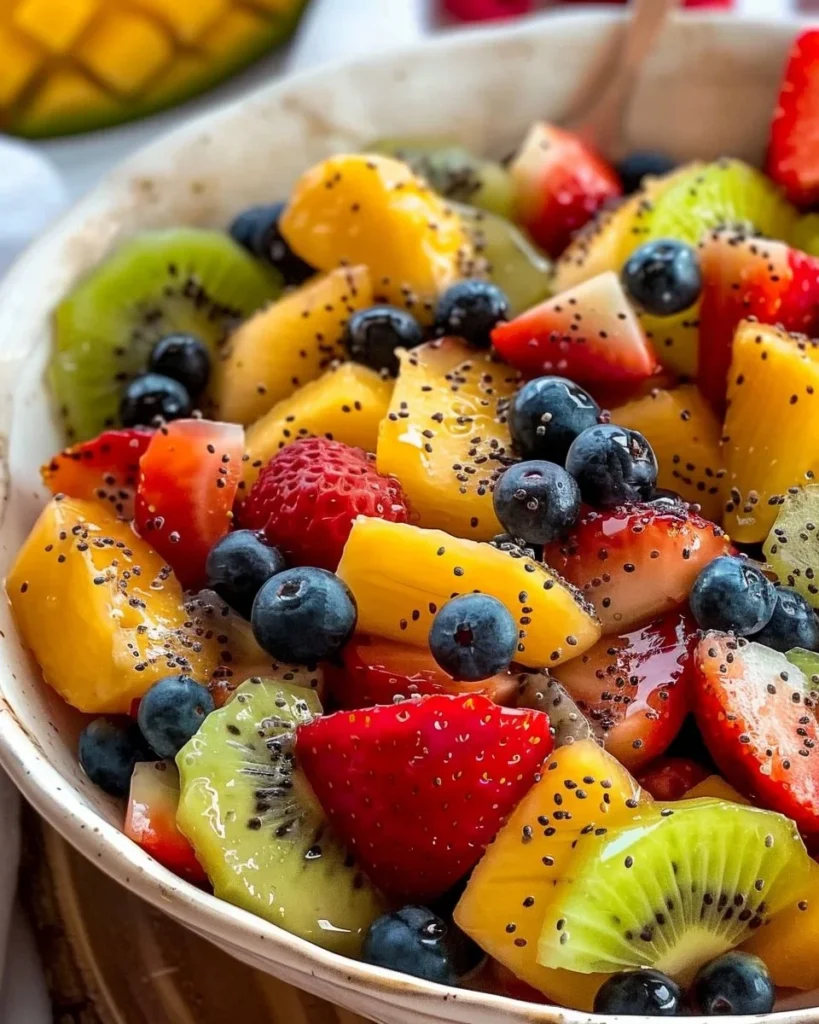 Vibrant fresh fruit salad with honey-lime poppy seed dressing