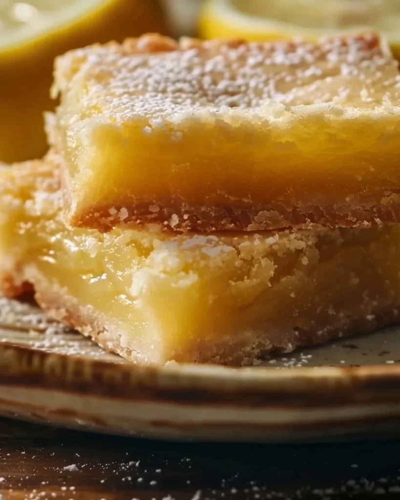 Delicious homemade lemon bars on a plate with powdered sugar