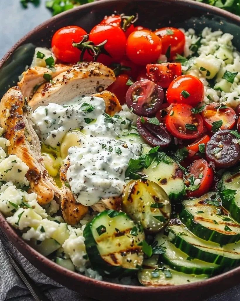 Greek chicken bowl with fresh vegetables and grains for meal prep