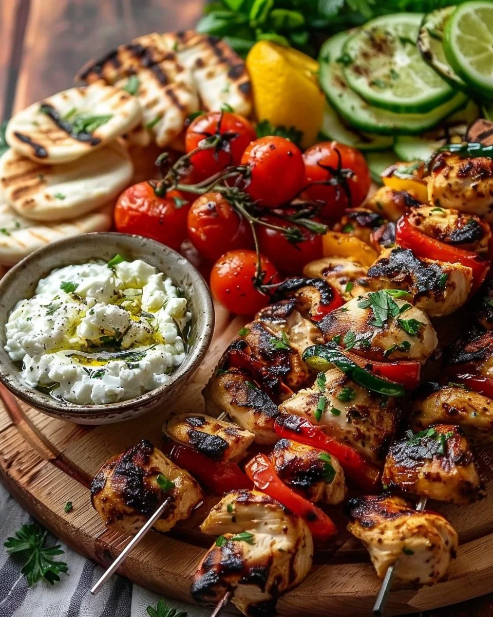 Greek Chicken Souvlaki Grazing Board with Feta Dip – A Mediterranean Feast to Share