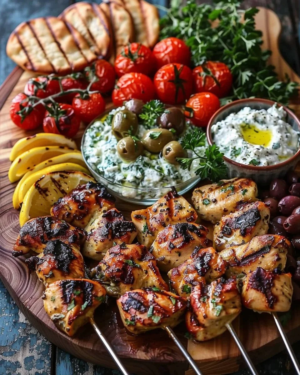 Greek Chicken Souvlaki Grazing Board with Feta Dip – A Mediterranean Feast to Share