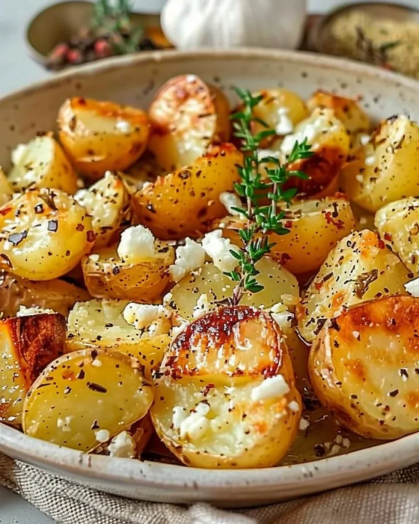 Greek Feta Roast Potatoes garnished and ready to serve