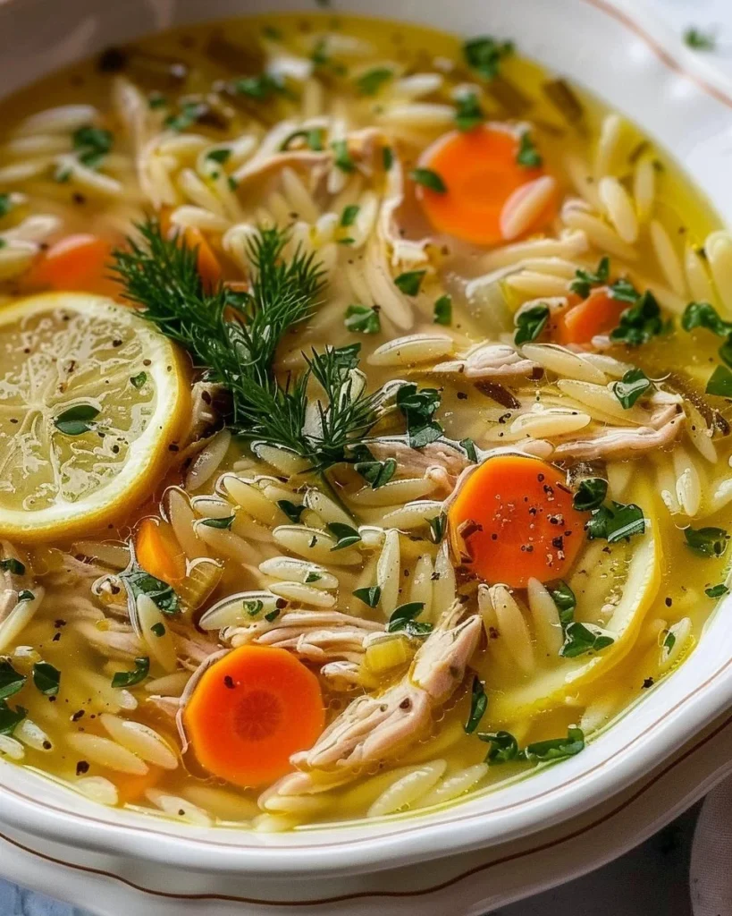 Bowl of Greek Lemon Chicken Orzo Soup garnished with herbs and lemon slices.