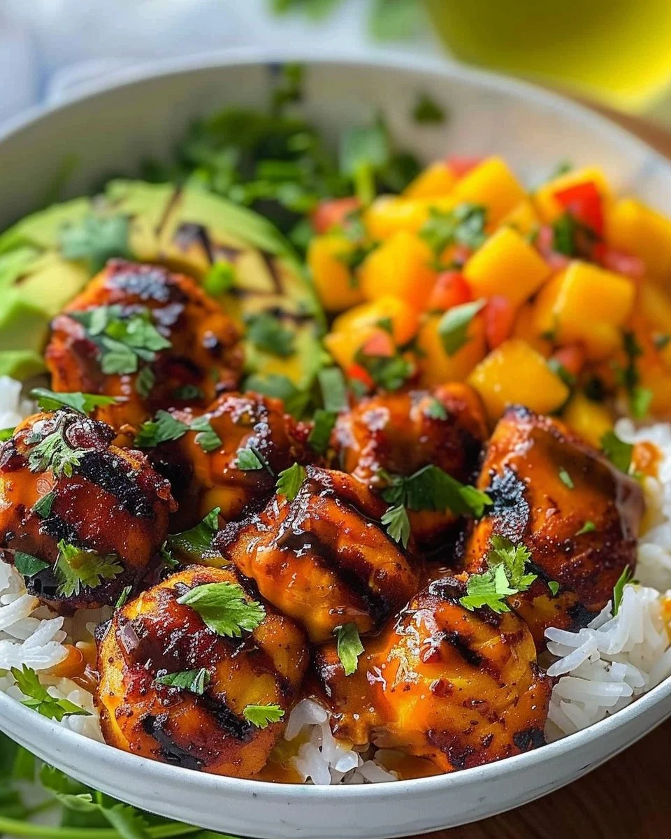 Grilled Maple Sriracha Chicken Bites with Coconut Rice & Mango Avocado Salsa Bowl with Chili Mayo