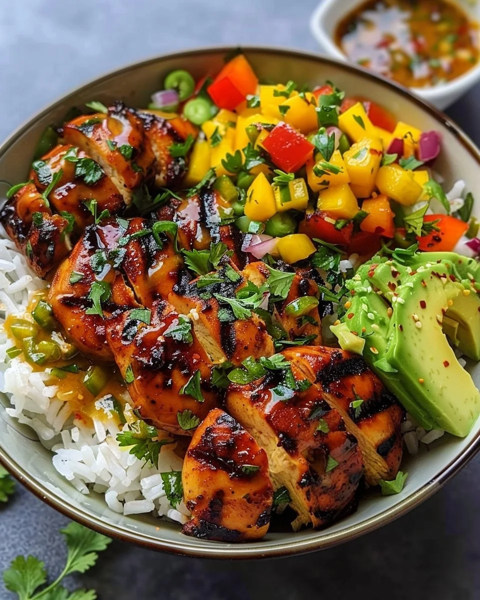 Grilled Maple Sriracha Chicken Bites with Coconut Rice & Mango Avocado Salsa Bowl with Chili Mayo