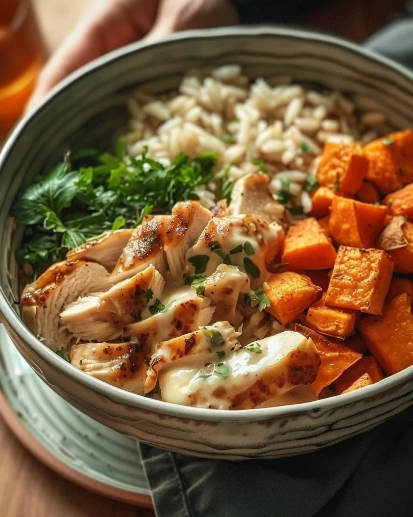Healthy Chicken and Sweet Potato Rice Bowl with vibrant vegetables