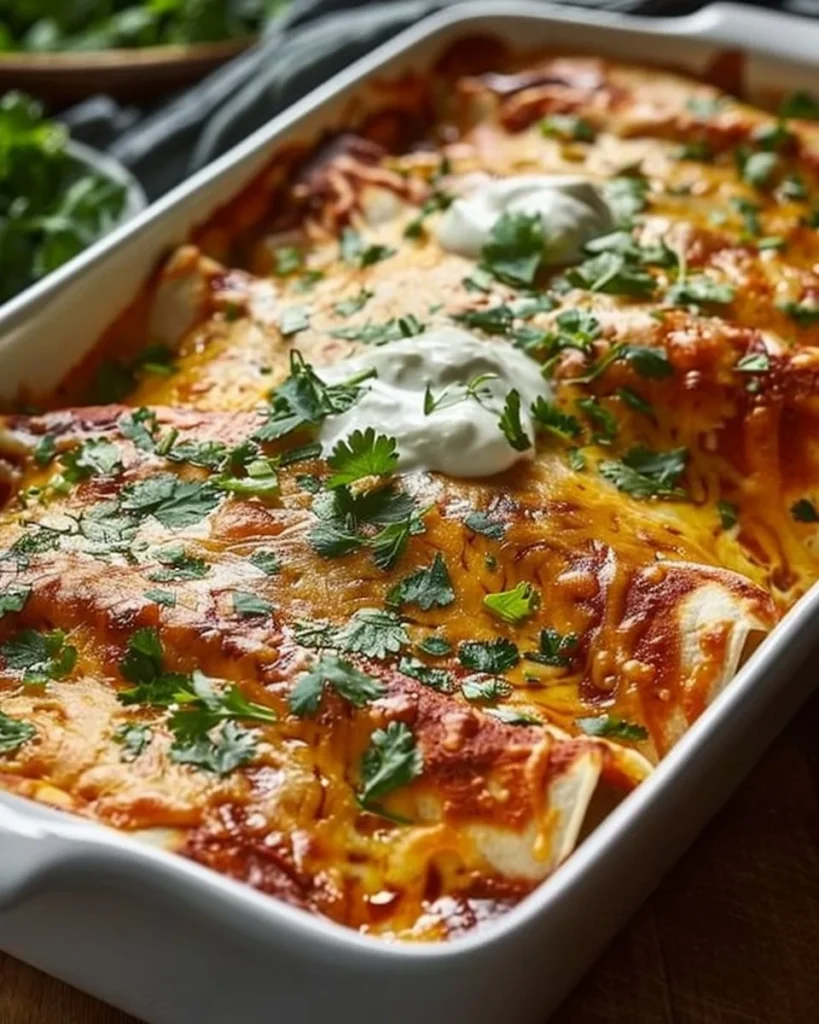 Delicious high protein chicken enchiladas topped with cheese and fresh herbs.