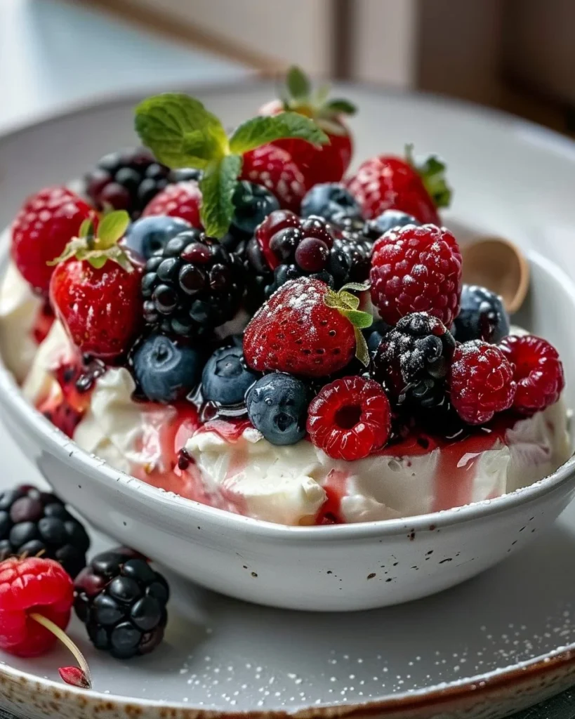 High-protein cottage cheese berry dessert topped with fresh fruits