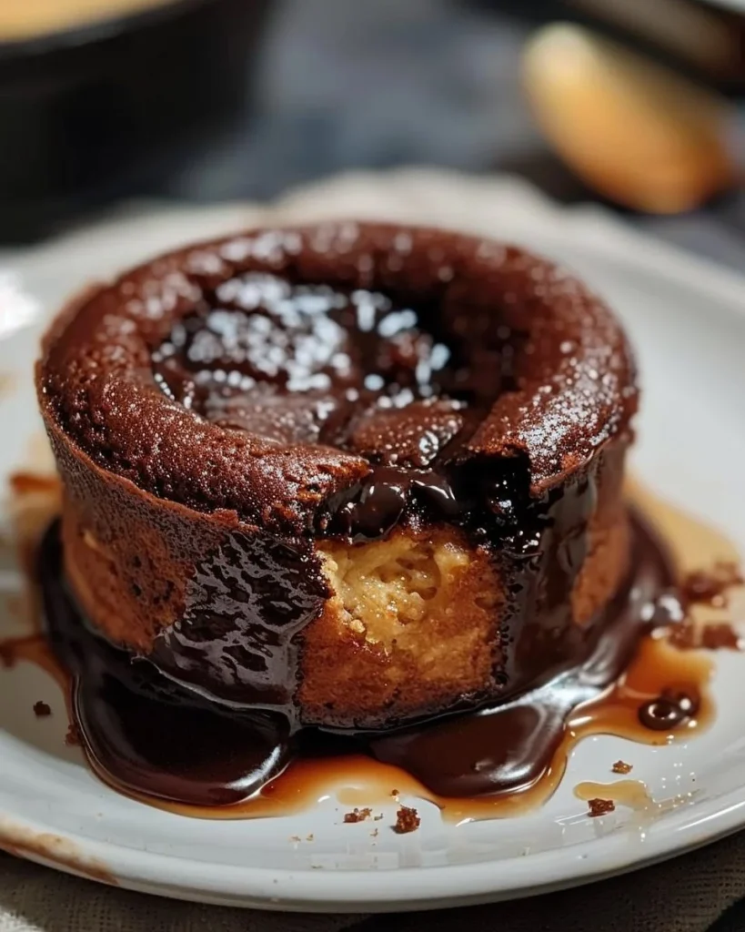 High-protein cottage cheese lava cake dessert topped with chocolate sauce