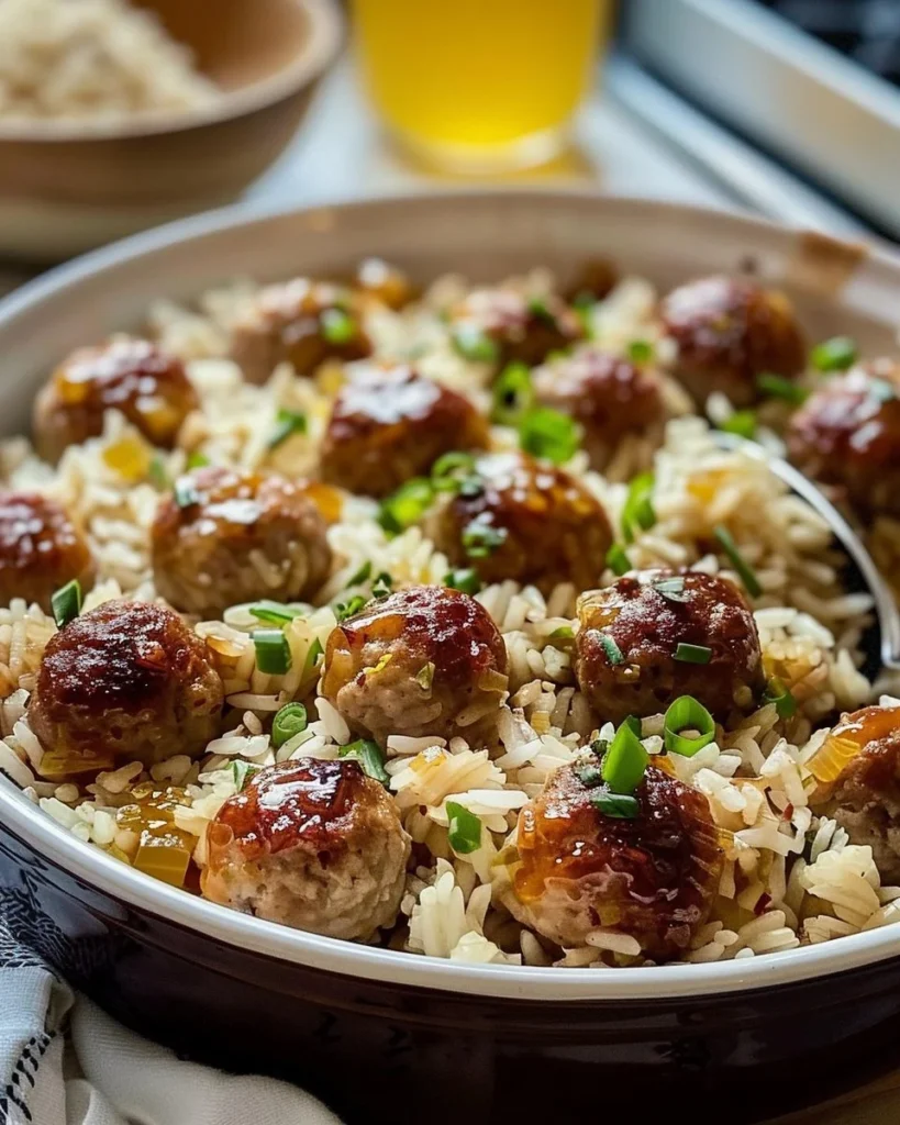 Honey Garlic Meatball Rice Bake served in a dish